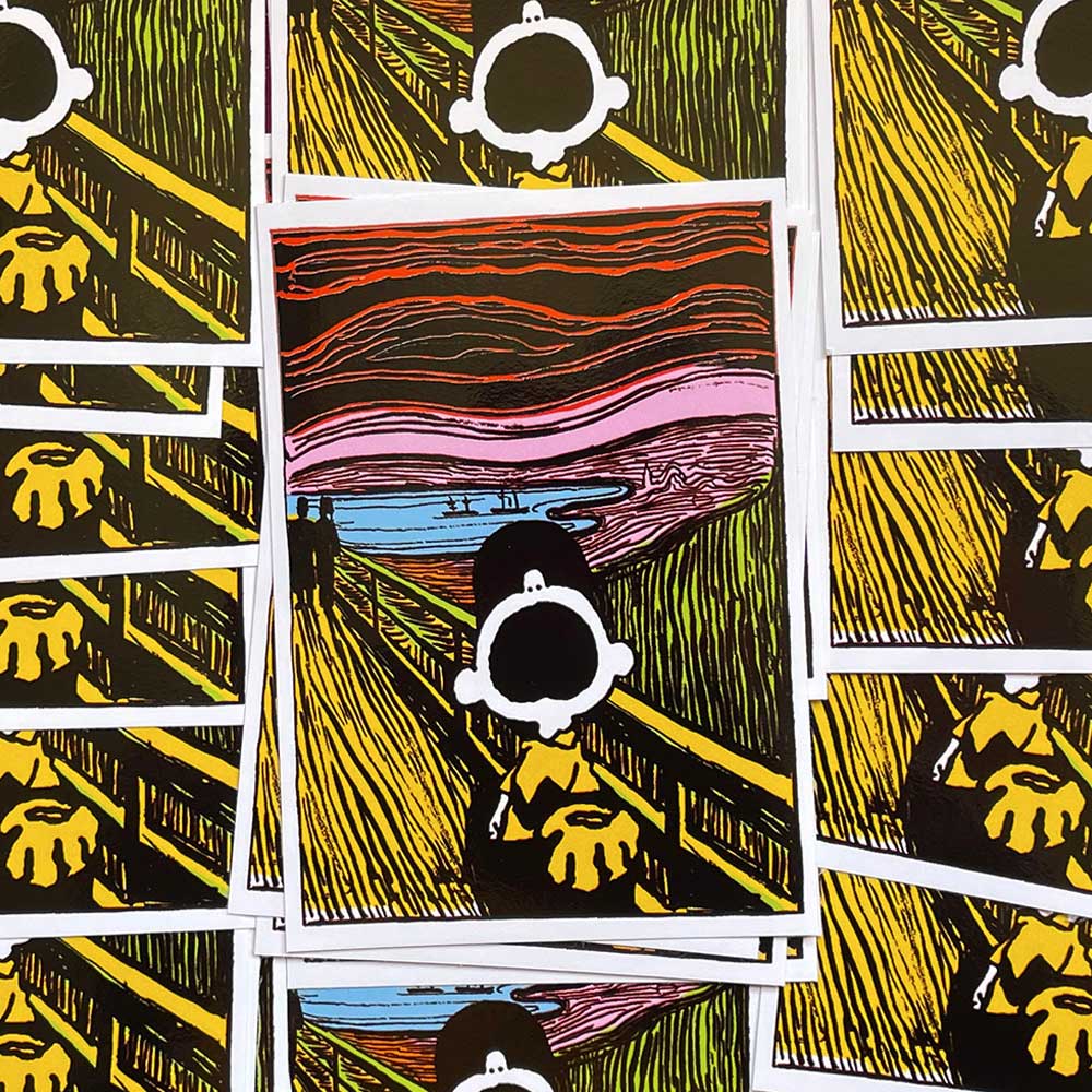 Mandy Doubt stickers: Charlie Brown in the pose of Munch's The Scream, in a range of colours