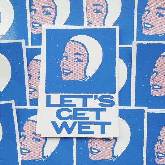 Mandy Doubt sticker: a woman in a swimming cap with 'Let's get wet' in blue
