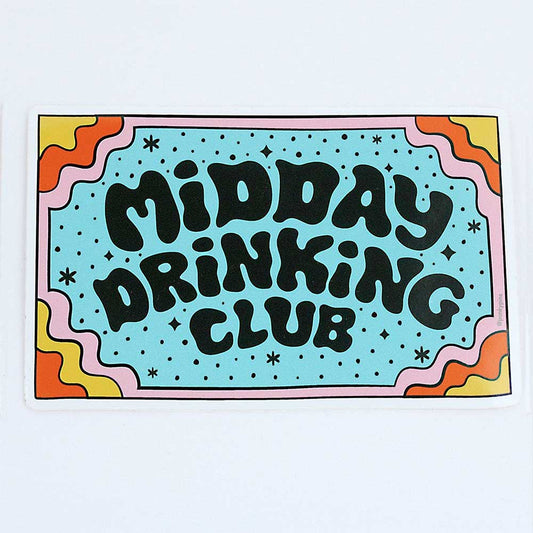 Turquoise sticker with wavy lettering: Midday drinking club