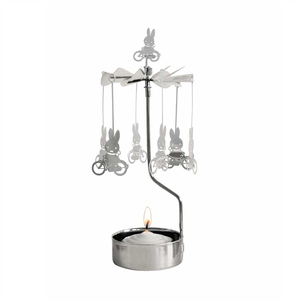 Silver Miffy angel chime with Miffy on bikes over a tealight
