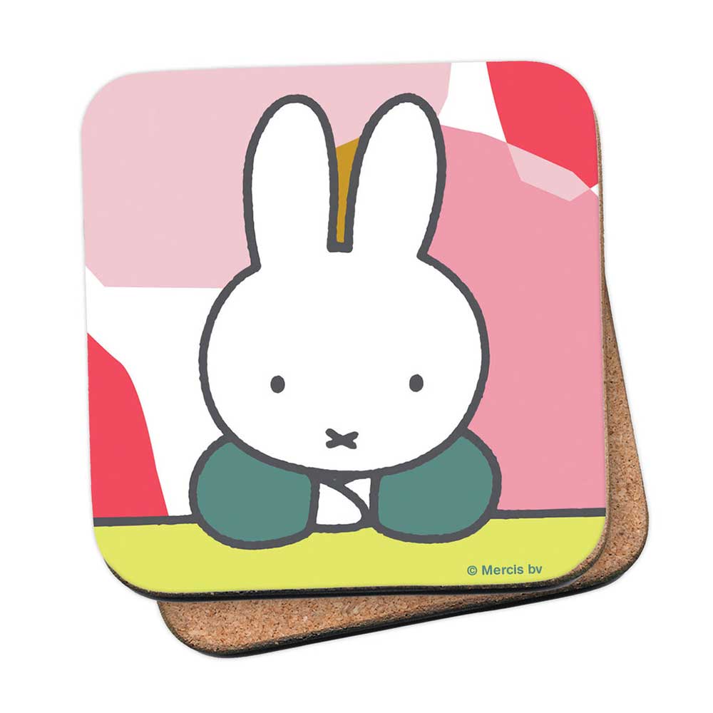 Miffy coaster: Miffy in a green dress against pink floral shapes