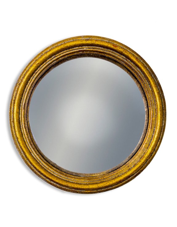 Small round convex mirror with a thin antiqued gold frame