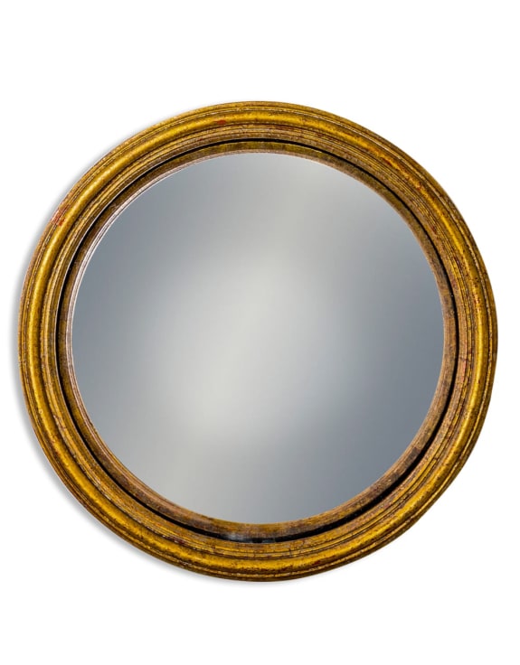 Large round convex mirror with a thin antiqued gold frame