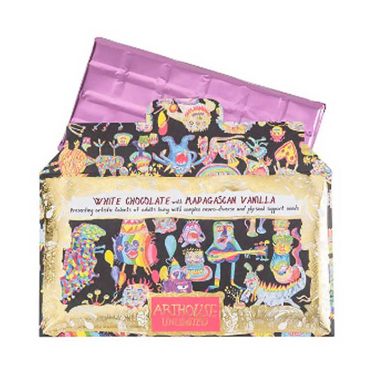 Arthouse Unlimited white chocolate with Madagascan vanilla bar with a colourful monster wrapper and purple foil