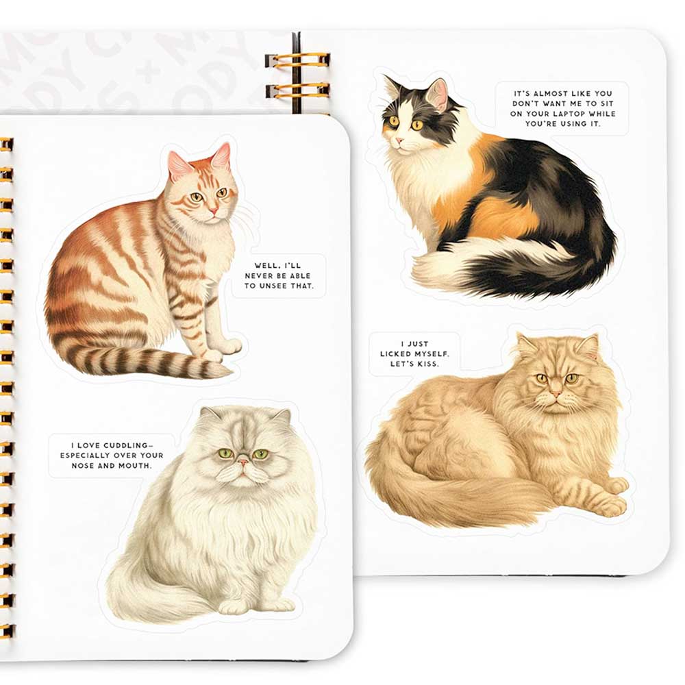 Moody Cats sticker book pages showing tabby, white, calico and cream cat stickers with sarcastic captions