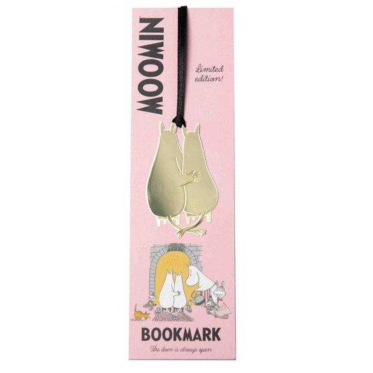 Moomin 80th anniversary bookmark: a gold cut-out of two Moomins on its pink card