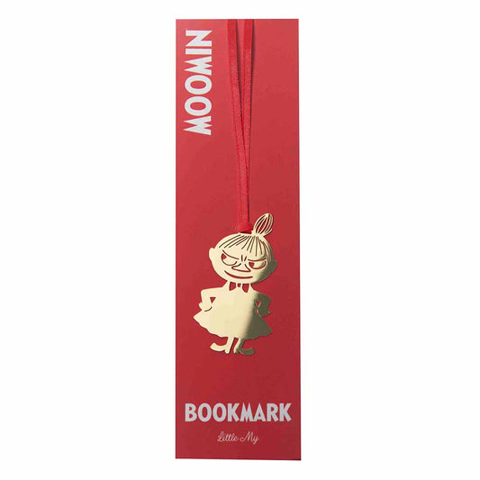 Gold metal Little My bookmark on a red ribbon, on its red Moomin backing card