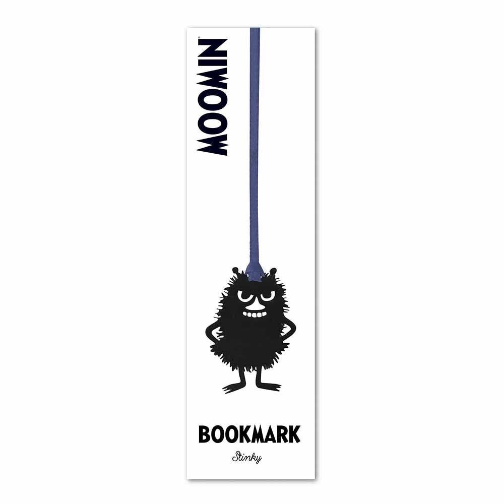 Metal Stinky bookmark on a navy ribbon, on its Moomin backing card