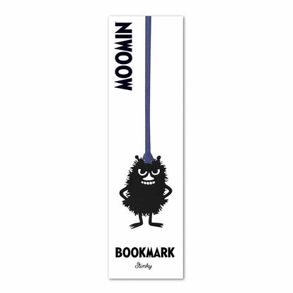 Metal Stinky bookmark on a navy ribbon, on its Moomin backing card