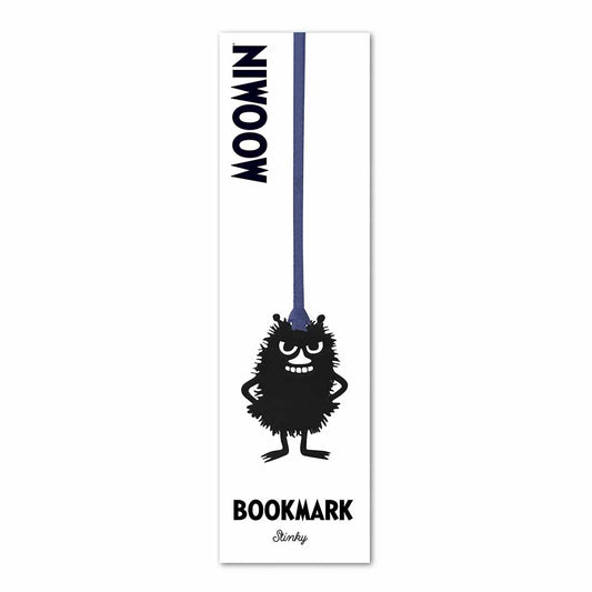 Metal Stinky bookmark on a navy ribbon, on its Moomin backing card