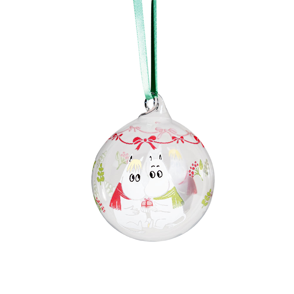 Moomin My Darling glass Christmas bauble with Moomins and a bow garland