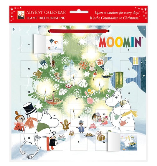 Moomin advent calendar with the Moomins round a decorated Christmas tree in the snow