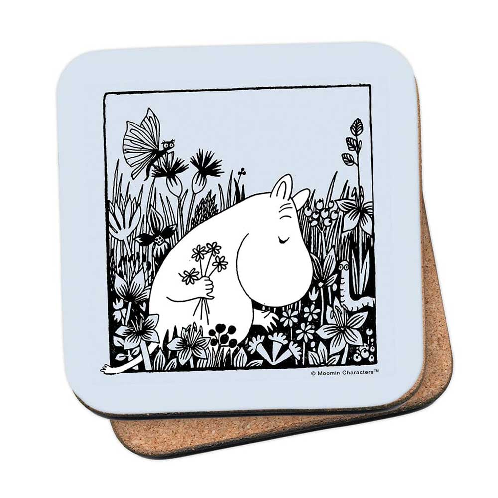 Moomin coaster: Moomintroll holding flowers among tall plants, on pale blue