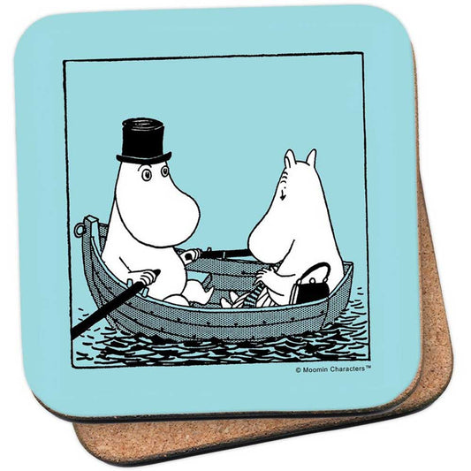 Moomin coaster: Moominpappa and Moomintroll in a rowing boat, on blue