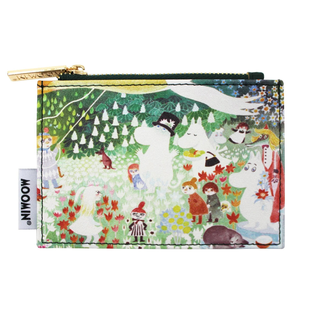 Moomin coin purse with a colourful forest scene from The Dangerous Journey