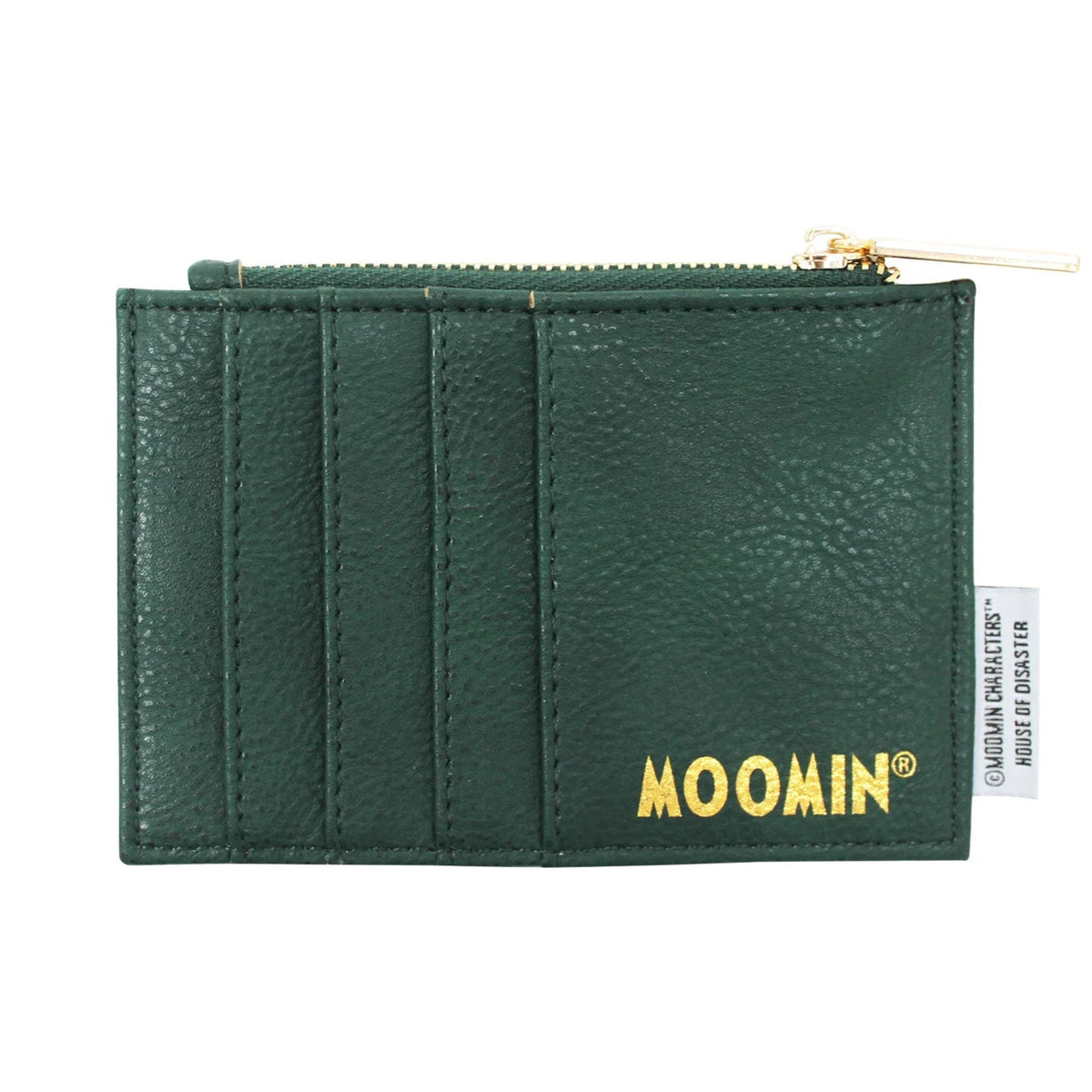 Back of the purse in dark green with card slots and gold Moomin lettering