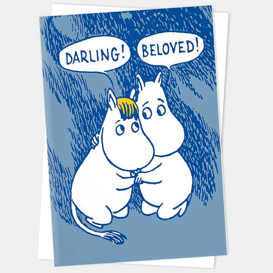 Blue card of Moomintroll and Snorkmaiden hugging: Darling! Beloved!