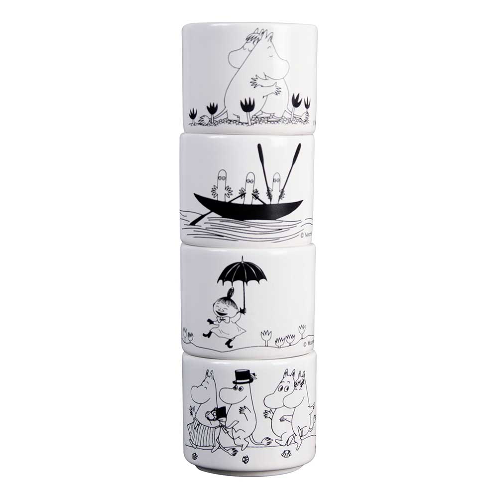 Four Moomin family egg cups stacked
