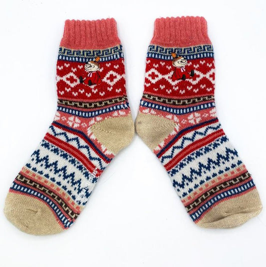 Red Fair Isle socks with a Little My motif