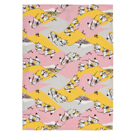 Tea towel with a pink, yellow and grey pattern of the Moomin family on outings