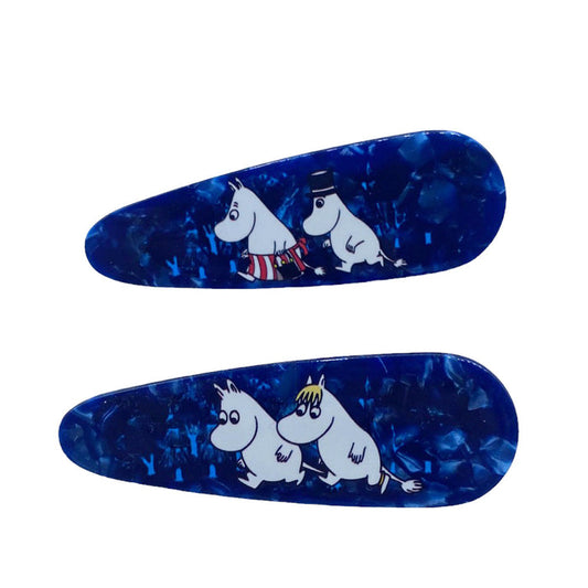 Pair of sparkly navy blue snap hair clips with Moomintroll and Snorkmaiden