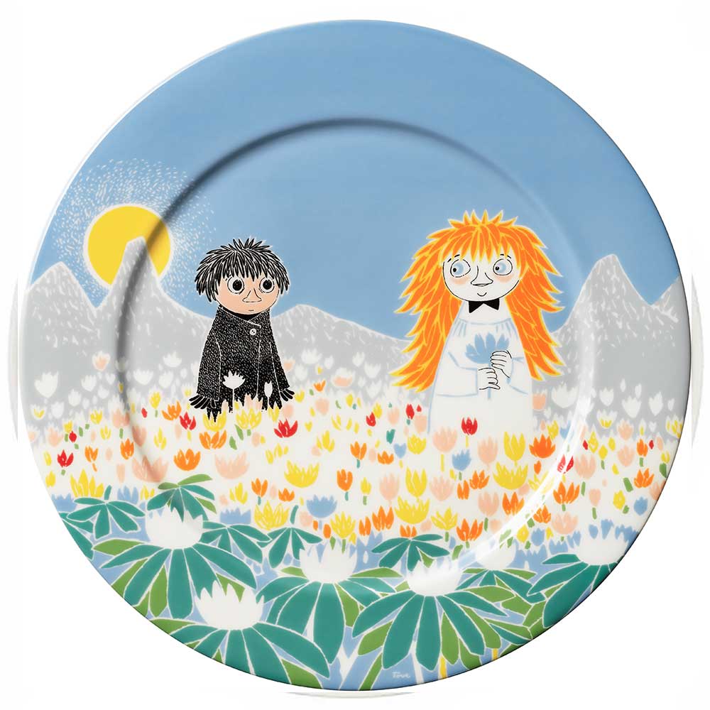 Moomin Friendship plate: two characters in a field of colourful tulips under the sun