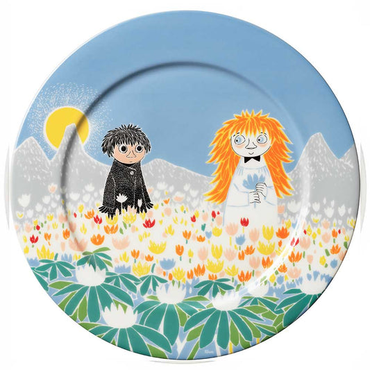 Moomin Friendship plate: two characters in a field of colourful tulips under the sun