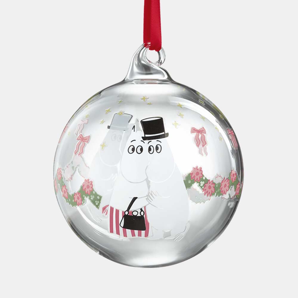 Moomin glass Christmas bauble with Moomins and a garland, on a red ribbon