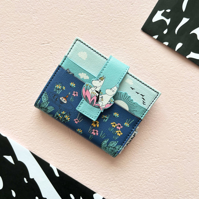Moomin Lotus popper purse in teal with Moomins among flowers