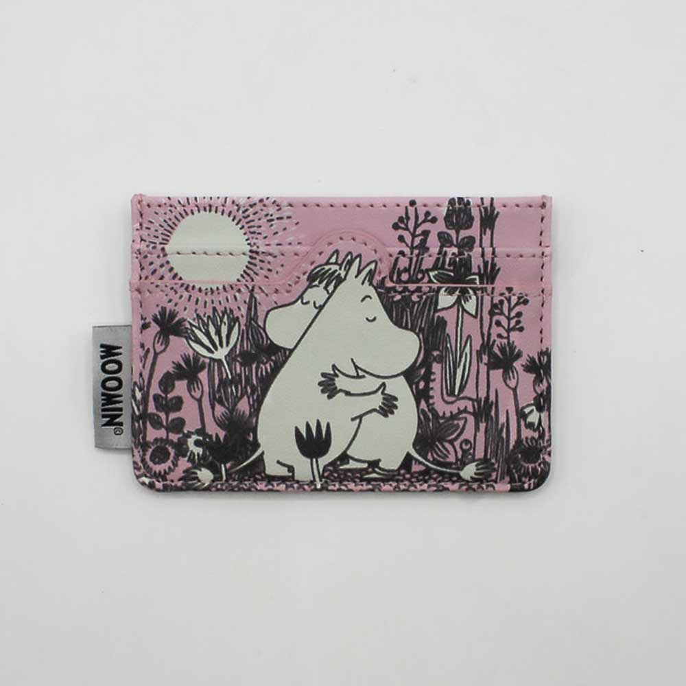 Pink Moomin card holder showing Moomintroll and Snorkmaiden hugging among flowers