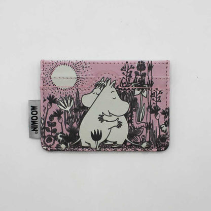 Pink Moomin card holder showing Moomintroll and Snorkmaiden hugging among flowers