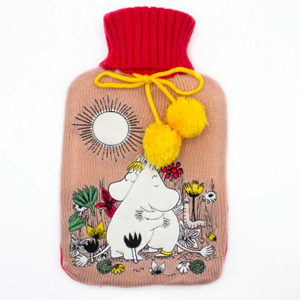 Pink knitted Moomin hot water bottle with Moomintroll and Snorkmaiden hugging, a red neck and yellow pompoms