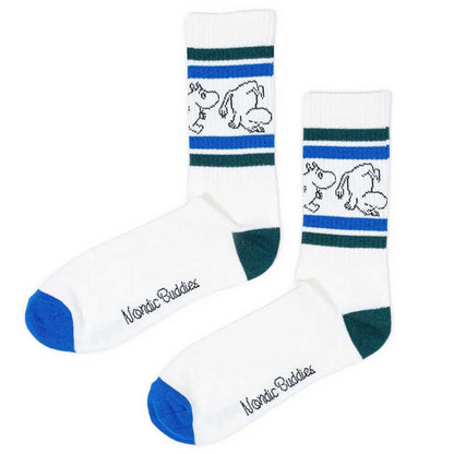 Nordic Buddies white tennis socks with navy and green stripes and Moomintroll