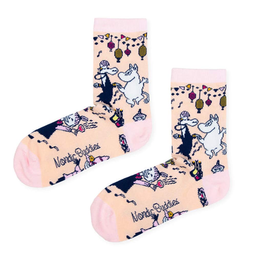 Pale pink ladies' socks with Moomins at a party under lanterns