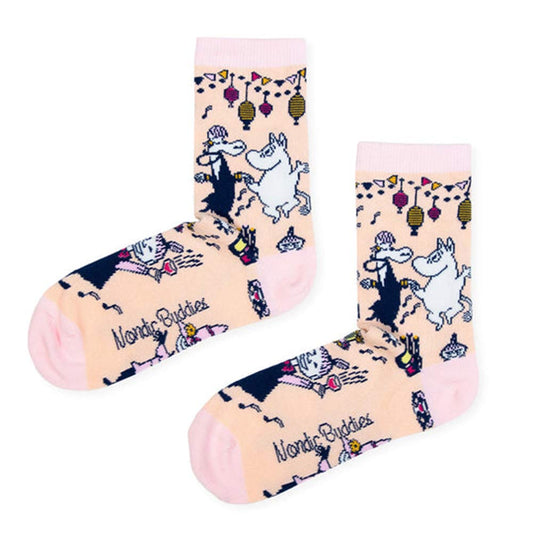 Pale pink ladies' socks with Moomins at a party under lanterns