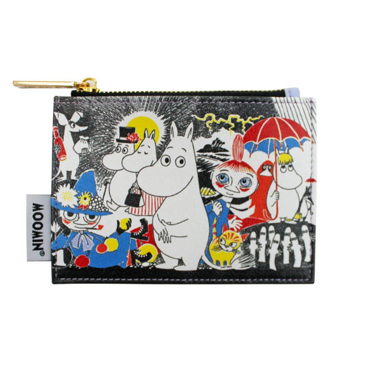 Moomin zip coin purse with a black and white comic print and colourful characters