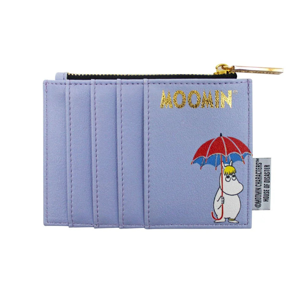 Lilac back of the comic purse with card slots and Snorkmaiden under an umbrella