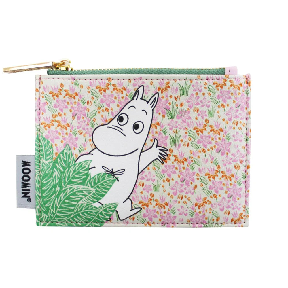 Moomin zip coin purse with Moomintroll among pink ditsy flowers and green leaves