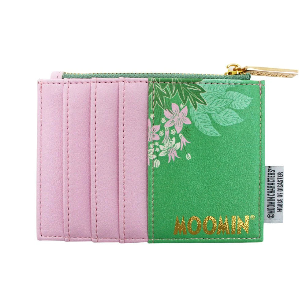 Back of the ditsy purse with pink card slots and gold Moomin lettering
