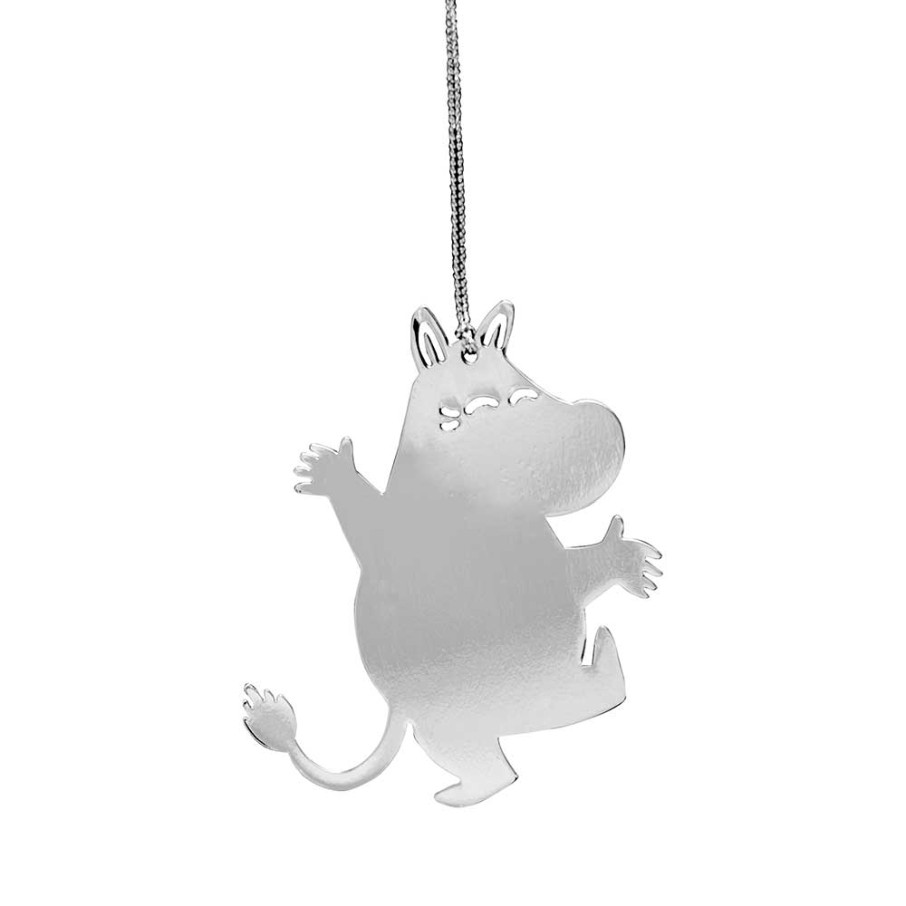 Silver Moomin hanging decoration: a flat Moomintroll cut-out on a silver cord