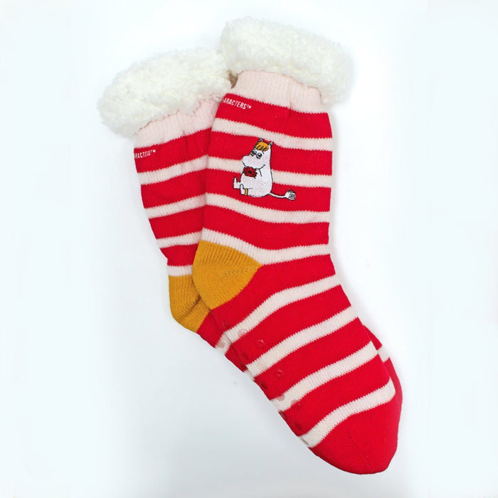 Red and white striped slipper socks with fleece cuffs and embroidered Snorkmaiden