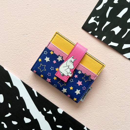 Navy Moomin popper purse with stars, yellow and pink stripes and a pink Moomintroll clasp tab