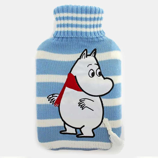 Blue and white striped knitted hot water bottle with Moomintroll in a red scarf