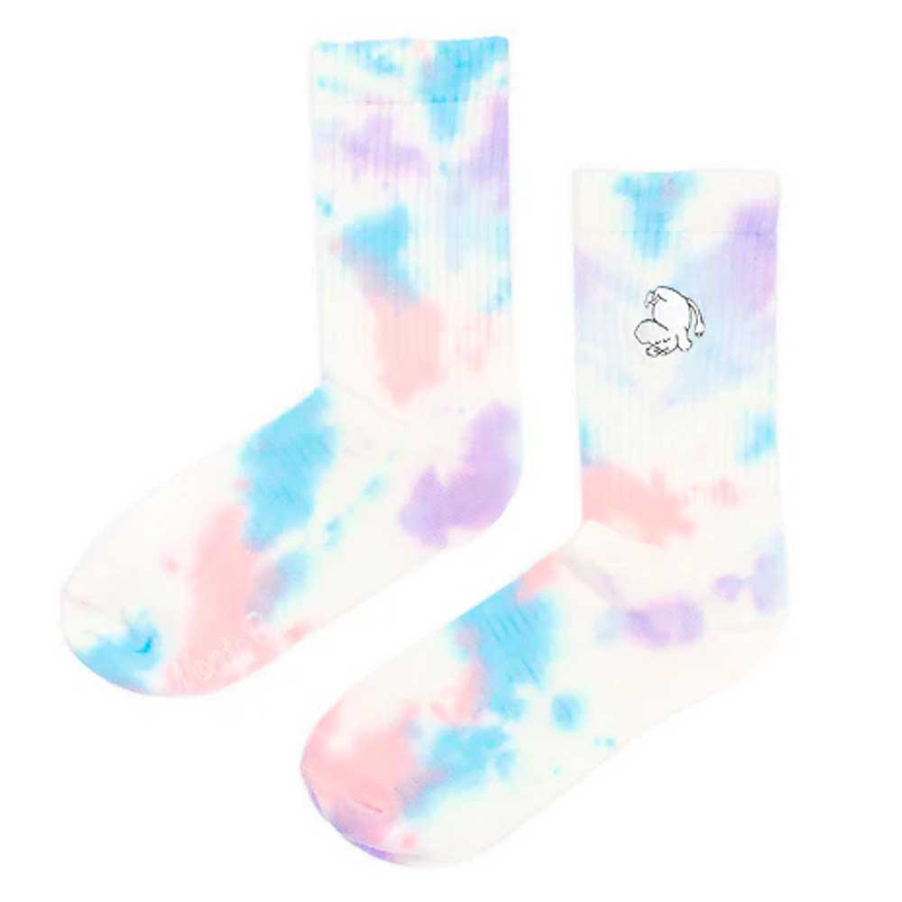 White socks with pink, blue and lilac tie-dye and a small embroidered Moomintroll