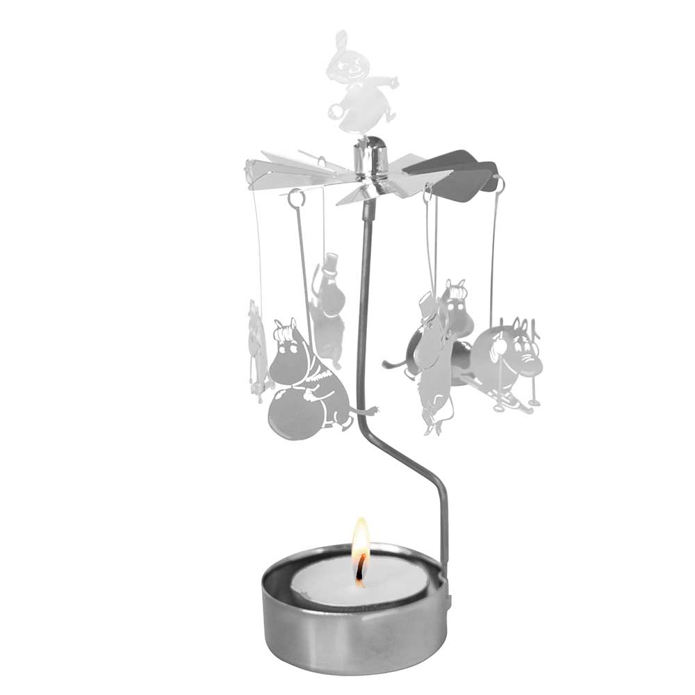 Silver Moomin winter angel chime with Moomin figures circling above a tealight
