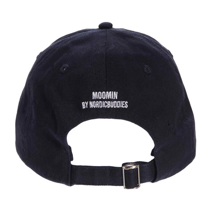 Back of the navy cap with 'Moomin by Nordicbuddies' and a buckle strap