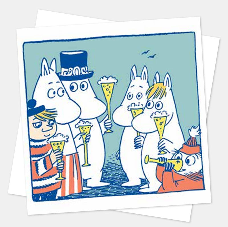 Moomin card of the Moomins and friends raising glasses of champagne