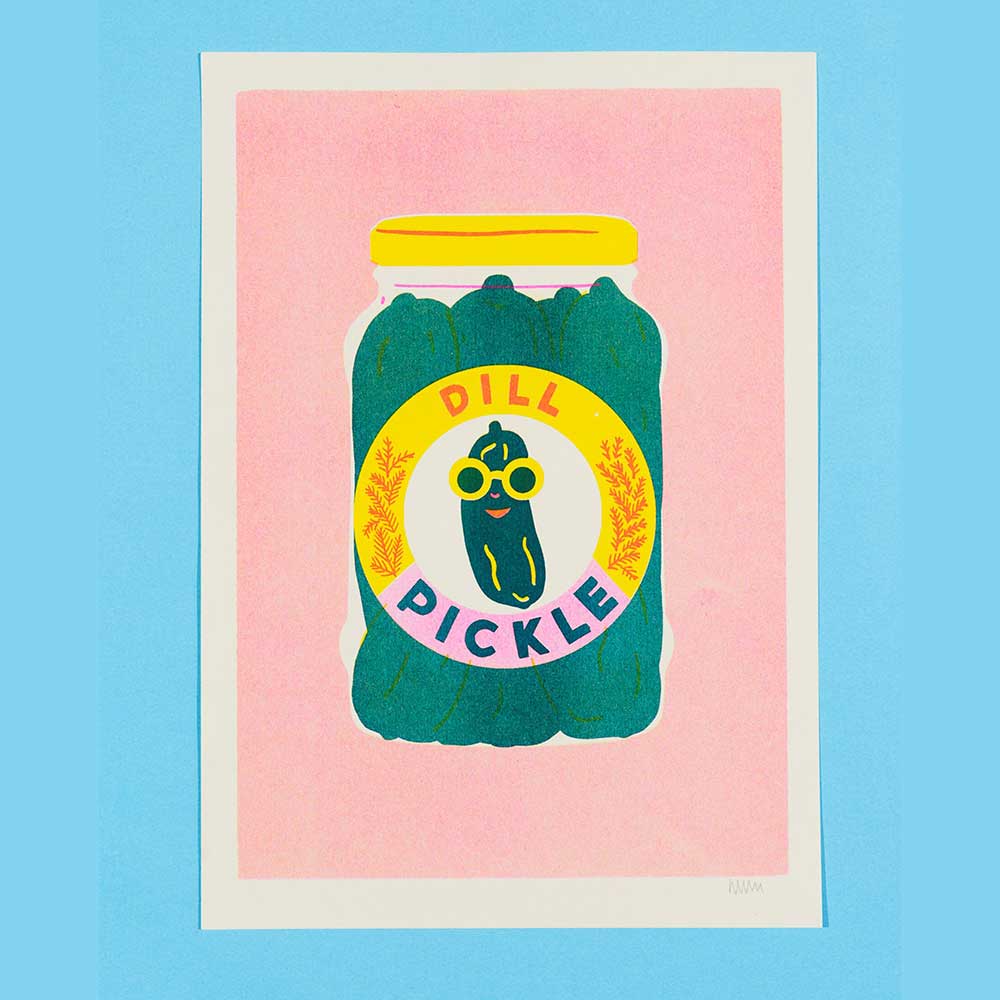 Dill pickle print on a blue background