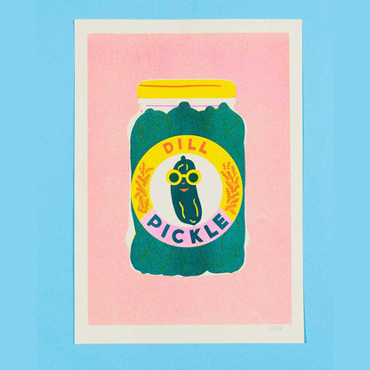 Dill pickle print on a blue background