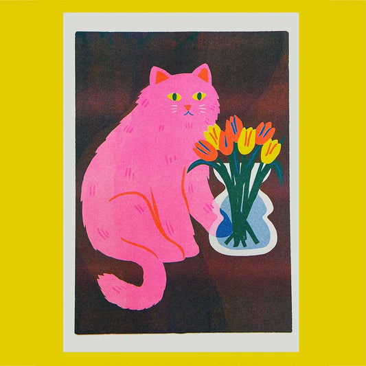 Naomi Wilkinson A4 print: a pink cat beside a vase of tulips